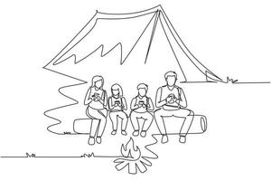 enda en rad ritning aktiv vandrare familjen camping med lägereld. dricka varmt te sittande på stockar i skogen. mamma, pappa, son och dotter. familjetid. kontinuerlig linje rita design vektorillustration vektor