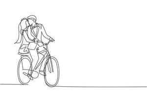 enda en rad ritning älskande gift par cykling. romantiska mänskliga relationer, kärlekshistoria, nygift familj på smekmånadsresa äventyr, passion, känslor. kontinuerlig linje rita design grafik vektor