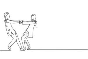 enda en rad ritning glad arabisk pojke och flicka dansar på golvet hemma. romantiska unga bröllopspar håller hand och snurrar runt. kontinuerlig linje rita design grafisk vektorillustration vektor