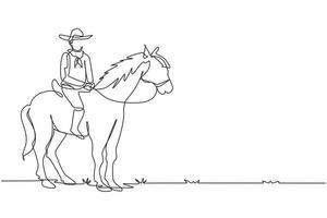 enda kontinuerlig linje ritning ung man med cowboyhatt ridhäst. äldre män poserar elegans på hästryggen. cowboy rider stående häst. dynamisk en rad rita grafisk design vektorillustration vektor