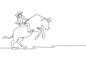 durchgehende einzeilige zeichnung starker und mutiger cowboy mit hut nimmt am rodeo teil, das wilden stier reitet. Cowboy, der wilden Stier reitet. spannende Rodeoshow. einzeiliges zeichnen design vektorgrafik illustration vektor