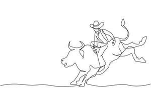 kontinuierliche einzeilige zeichnung cowboy reitet wilden stier für eine aufregende rodeoshow. starker und mutiger cowboy mit hut nimmt am rodeo-wettbewerb teil, der wilden stier reitet. Vektorgrafik-Illustration für einzeiliges Design vektor