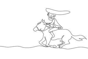 enda kontinuerlig linje ritning cowboy på häst galopperande över dammiga fält. cowboy på häst som springer med lasso. cowboy med rep lasso på häst. en rad grafisk design vektorillustration vektor