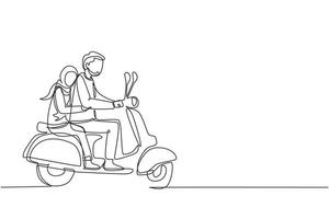 enda kontinuerlig linje ritning arabiska paret rider motorcykel. man som kör skoter och kvinna är passagerare medan de kramas. kör runt i staden. kör säkert. en rad rita design vektorillustration vektor