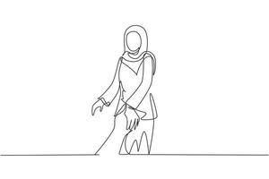 kontinuerlig en rad ritning arabisk kvinna går på romantisk smekmånad promenade semester håller handen av make efter henne, se bakifrån. par sommarlov. enda rad rita design vektor
