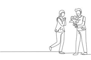 kontinuierliche einzeilige zeichnung arabischer mann, der frau mit blumenstrauß heiratsantrag macht. Junge überrascht sein Mädchen und gibt Blumen. Verlobung und Liebesbeziehung. einzeiliges zeichnen design vektorgrafik vektor