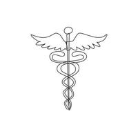 enda kontinuerlig linjeteckning caduceus, vårdcentral, apotek, sjukhus med populär symbol för medicin. medicinsk hälso-och sjukvård ikon logotyp. dynamisk en rad rita grafisk design vektorillustration vektor