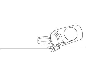 kontinuierliche einzeilige zeichnung einer plastikflasche mit pillen in isometrischer ansicht. Tablettenpillen, Arzneimittel, Apothekenpflege und Tablettenpillen, Antibiotika, Pharmazeutika. einzeiliges zeichnen design vektorillustration vektor