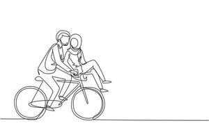 einzelne eine linie, die ein romantisches arabisches paar beim fahrradfahren mit datum zeichnet. junger Mann und verliebte Frau. Glückliches Ehepaar, das zusammen Rad fährt. moderne grafische vektorillustration des ununterbrochenen zeichnendesigns vektor