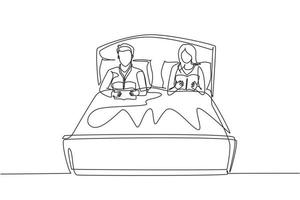 Single One Line Drawing Ehepaar vor dem Schlafengehen, Bücher lesen. mann und frau liegen zusammen im bett und lesen buch. romantisches paar, das sich im schlafzimmer ausruht. Designgrafik mit durchgehender Linie vektor