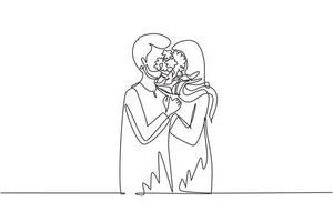 kontinuerlig en rad ritning unga arabiska par kramas och kyssas bakom bukett blommor. glad man och kvinna firar bröllopsdag. enda rad rita design vektorgrafisk illustration vektor