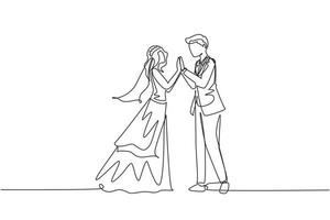 enda kontinuerlig linje söt man och kvinna som bär bröllopsklänning håller händer och tittar i varandras ögon. förälskade par tillbringar tid tillsammans. glad familj. en rad rita grafisk design vektor