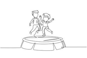 einzelne eine Linie, die zwei lächelnde Jungen zeichnet, die zusammen auf dem Trampolin springen. glückliche Kinder, die auf einem runden Trampolin springen. aktive kinderspiele im freien. ununterbrochene Linie zeichnen grafische Vektorillustration des Designs vektor