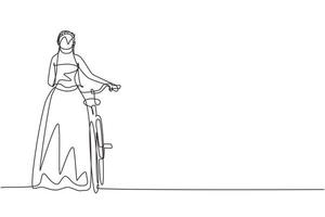 einzelne durchgehende Linie Zeichnung Rückansicht Gehende junge Dame mit Hochzeitskleid mit Fahrrädern. glückliches Mädchen mit dem Fahrrad auf der Landstraße spazieren gehen. gesunder Lebensstil. eine linie zeichnen grafikdesignvektor vektor