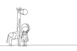 kontinuierliche einzeilige zeichnung kleines mädchen, das ihre größe mit giraffenhöhendiagramm an der wand misst. Kind misst Wachstum. Konzept zur Höhenmessung von Kindern. einzeiliges zeichnen design vektorgrafik illustration vektor