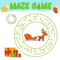 Weihnachtslabyrinth-Puzzlespiel für Kinder. kreislabyrinth oder labyrinthspiel mit weihnachtsschlitten. vektor