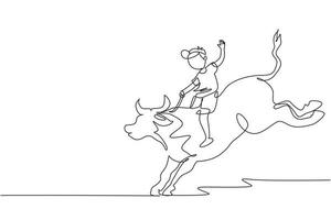 fortlaufende einzeilige zeichnung glücklicher süßer kinderjunge, der süßen stier reitet. Kind sitzt auf dem Rücken eines Stiers mit Sattel in einer Cowboy-Ranch. Kinder lernen, Stier zu reiten. einzeiliges zeichnen design vektorgrafik illustration vektor