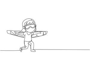 fortlaufende einzeilige zeichnung glückliches kind mädchen spielen spielzeugflugzeug karton. kinder, die spielzeugflugzeugpappe spielen, kleines süßes kind in einem astronautenkostüm. einzeiliges zeichnen design vektorgrafik illustration vektor