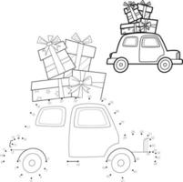 Punkt-zu-Punkt-Weihnachtspuzzle für Kinder. Spiel Punkte verbinden. Auto und Geschenke vektor
