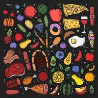 Lebensmittel-Symbole. farbiger lebensmittelhintergrund. Gekritzelvektorillustration mit Lebensmittelikone