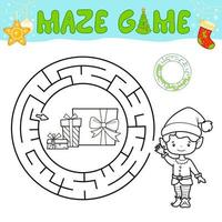 jul svart och vit labyrint pusselspel för barn. kontur cirkel labyrint eller labyrint spel med pojke elf. vektor