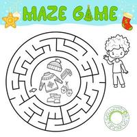 Weihnachten Schwarz-Weiß-Labyrinth-Puzzle-Spiel für Kinder. umreißkreis labyrinth oder labyrinthspiel mit weihnachtsjungen. vektor