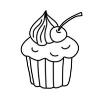 Cupcake mit Sahne und Kirsche. Vektor-Doodle-Zeichnung. vektor