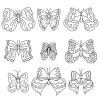 Satz von neun Schmetterlingen Fantasy-Umriss, Doodle-Malseite für Kleinkinder-Insektenwelt vektor