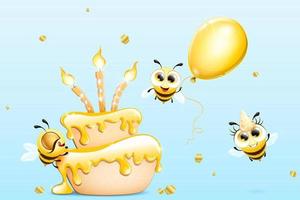 bee tecknade roliga karaktärer födelsedag med tårta, ballong, mössa och konfetti. födelsedagskort vektor