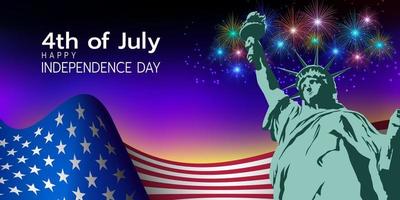 4 juli glad självständighetsdagen USA viftande flaggbakgrund och frihetsgudinnan. vektor illustration