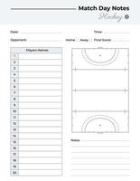 Spieltag-Notizen-Protokoll mit Hockeyfeld-Diagramm vektor
