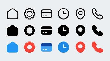 ui-symbole für web für business, bankwesen, kontakt, soziale medien, technologie, seo, mit 3 stillinien, glyphen und flach. vektor