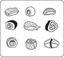 Linien-Sushi und Brötchen-Icon-Set. Doodle-Vektor-Illustration. vektor