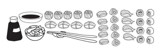 linje sushi och rullar Ikonuppsättning. doodle vektor illustration.