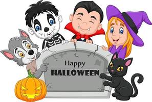 tecknade barn med halloween kostym håller gravsten vektor