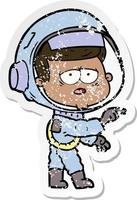 beunruhigter Aufkleber eines Cartoon-müden Astronauten vektor