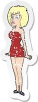 retro nödställd klistermärke av en tecknad överraskad kvinna i kort klänning vektor