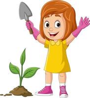 tecknad söt liten flicka planterar en växt vektor