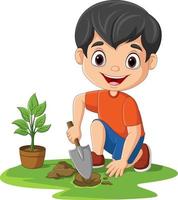 söt liten pojke planterar växter i trädgården vektor