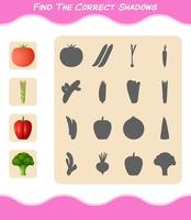 Finden Sie die richtigen Schatten von Cartoon-Gemüse. Such- und Zuordnungsspiel. Lernspiel für Kinder und Kleinkinder im Vorschulalter vektor