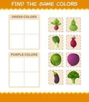 Finden Sie die gleichen Farben von Gemüse. Such- und Zuordnungsspiel. Lernspiel für Kinder und Kleinkinder im Vorschulalter vektor