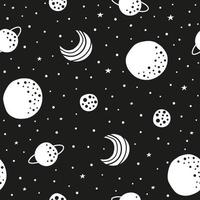 Schwarz-Weiß-Raum Musterdesign mit Doodle-Mond, Sternen und Planeten. vektor