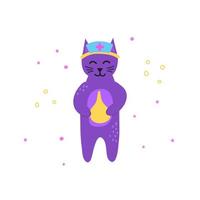 niedlicher doodle violetter Arzt Katzencharakter mit Einlauf isoliert auf weißem Hintergrund. vektor