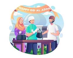 människor delar ut offerkött för att fira eid al adha. muslimska människor ger qurban-kött i plastpåsar till andra. vektor illustration i platt stil