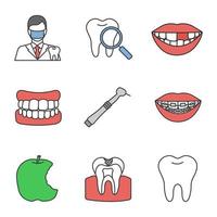 Farbsymbole für die Zahnheilkunde festgelegt. Stomatologie. Zahnarzt, Zahnkontrolle, Prothese, fehlender Zahn, Zahnbohrer, Zahnspange, angebissener Apfel, Karies, gesunder Backenzahn. isolierte Vektorgrafiken vektor