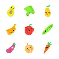 gemüse und obst niedliches kawaii flaches design lange schattenfiguren gesetzt. Avocado, Brokkoli, Paprika, Banane, Aubergine mit lächelndem Gesicht. lustiges Emoji, Emoticon. Vektor isoliert Silhouette Illustration