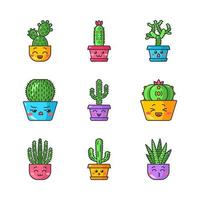 kaktusar söta kawaii vektor tecken. växter med leende ansikten. skrattar saguaro, peyote kaktus. kysser zebrakaktusar i krukor. rolig emoji, uttryckssymbol set. isolerade tecknade färgillustration