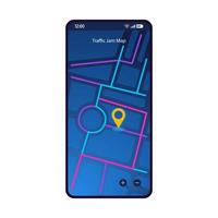 Vektorvorlage für die Smartphone-Schnittstelle der Verkehrsstaukarte. mobile App-Seite dunkelblaues Design-Layout. GPS-Navigationsbildschirm mit Wegbeschreibungen. flache Benutzeroberfläche für die Anwendung. Verkehrsstaukarte. Telefonanzeige vektor