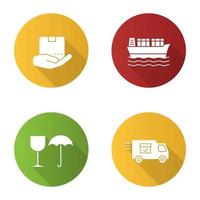 Frachtschifffahrt flaches Design lange Schatten-Glyphen-Symbole gesetzt. Lieferservice. offene hand mit paket, frachtschiff, zerbrechlich, lieferwagen. Vektor-Silhouette-Illustration vektor