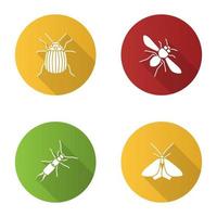 insekter platt design lång skugga glyf ikoner set. colorado skalbagge, honungsbi, örontvist, mal. vektor siluett illustration